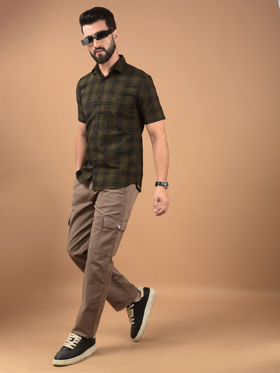 Olive Checked 100% Cotton Shirt-Men Shirts-Crimsoune Club