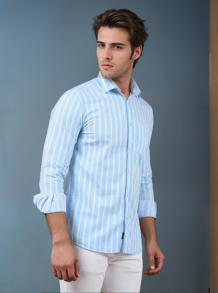 Blue Vertical Stripes 100% Cotton Shirt-Men Shirts-Crimsoune Club