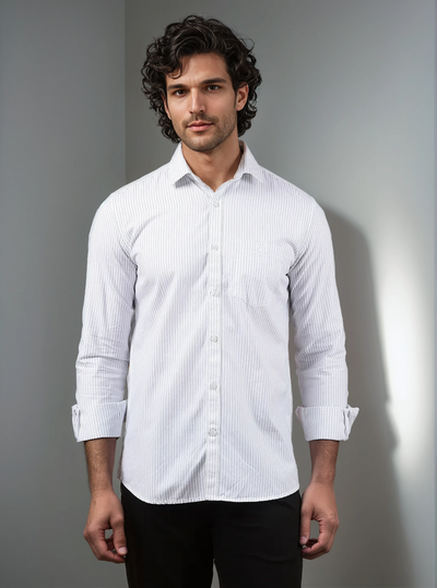 White Vertical Stripes 100% Cotton Shirt-Men Shirts-Crimsoune Club