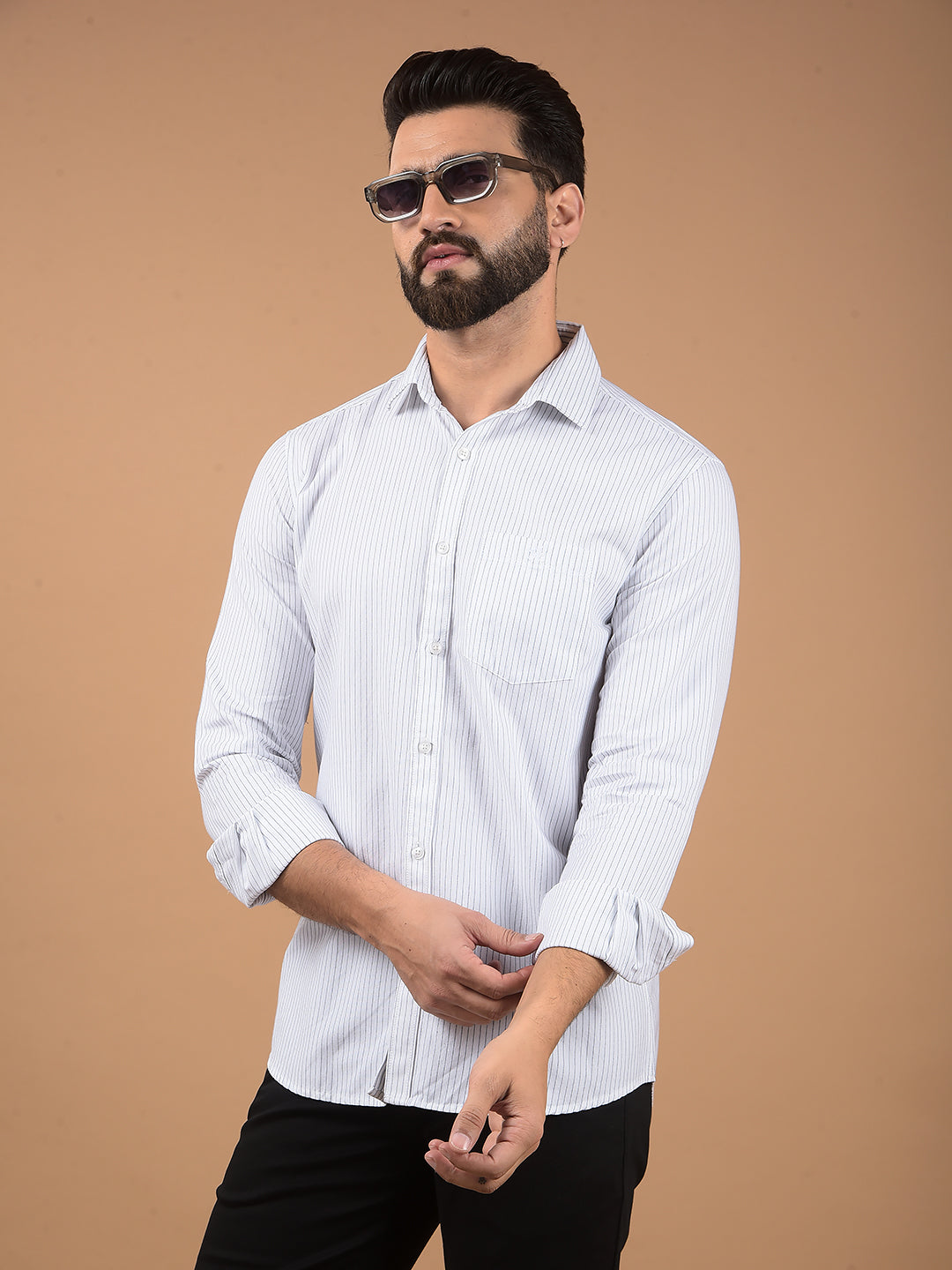 White Vertical Stripes 100% Cotton Shirt-Men Shirts-Crimsoune Club