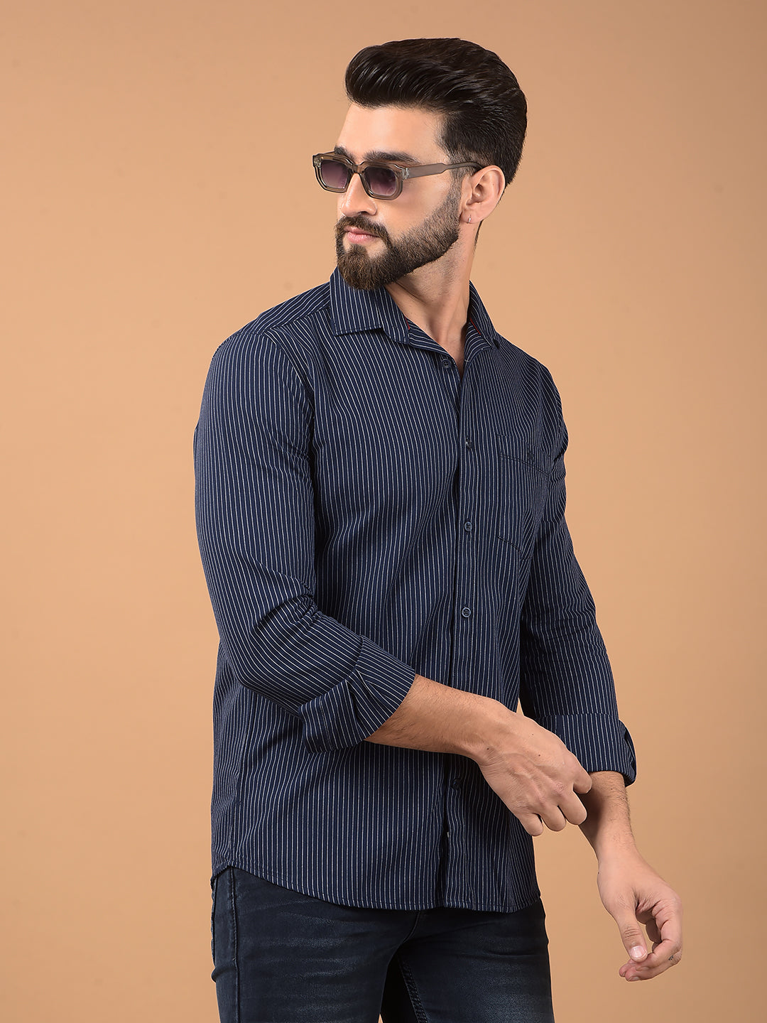 Navy Blue Vertical Stripes 100% Cotton Shirt-Men Shirts-Crimsoune Club