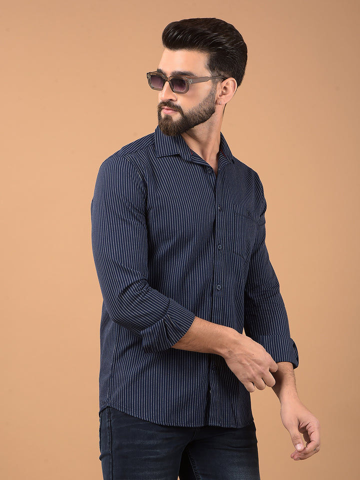Navy Blue Vertical Stripes 100% Cotton Shirt-Men Shirts-Crimsoune Club