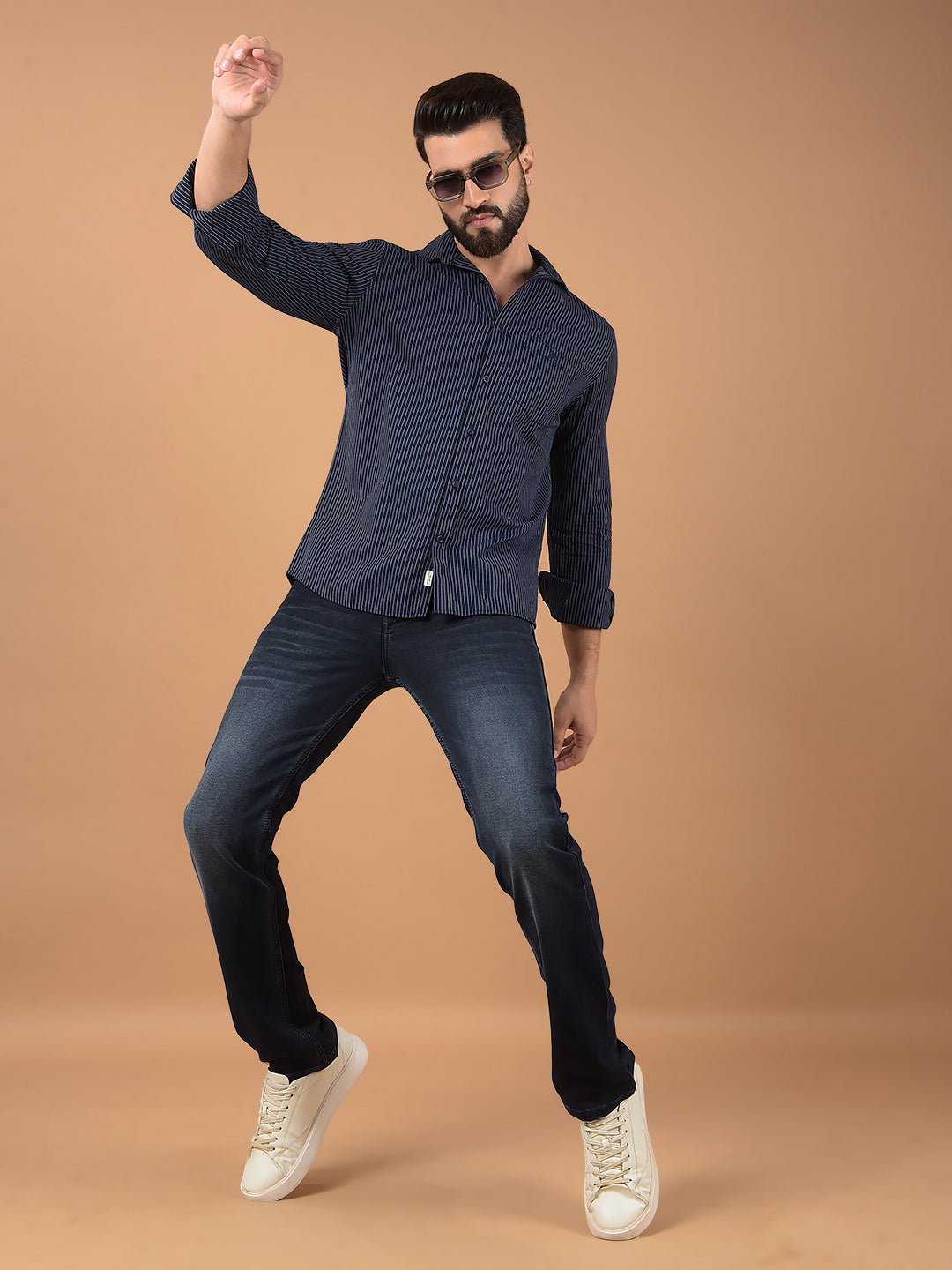 Navy Blue Vertical Stripes 100% Cotton Shirt-Men Shirts-Crimsoune Club