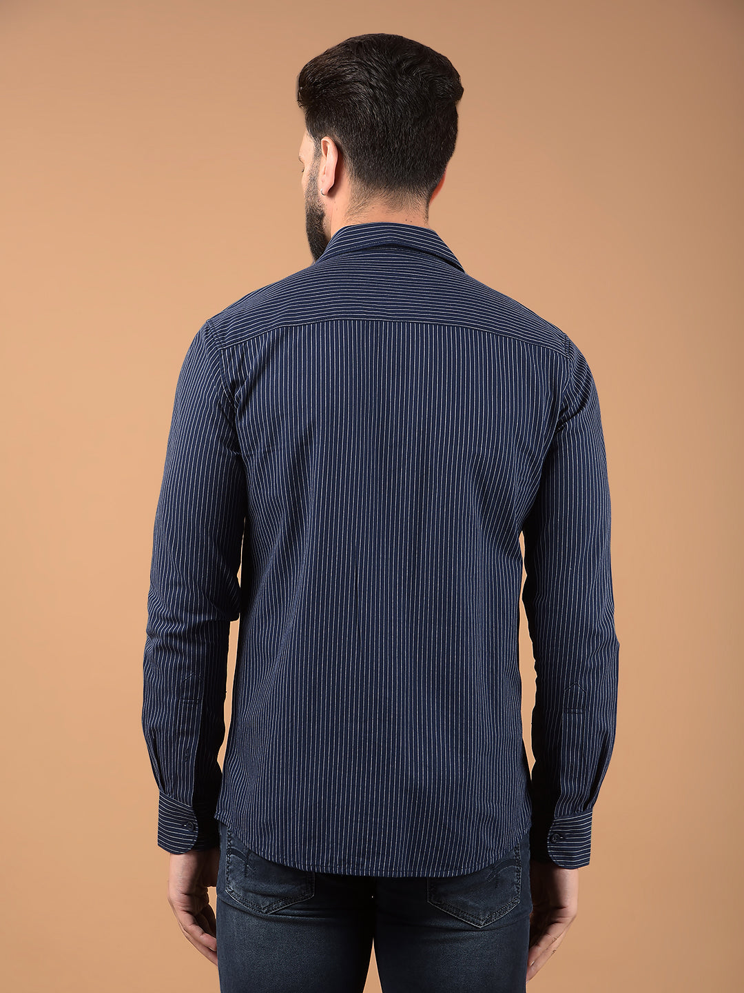 Navy Blue Vertical Stripes 100% Cotton Shirt-Men Shirts-Crimsoune Club