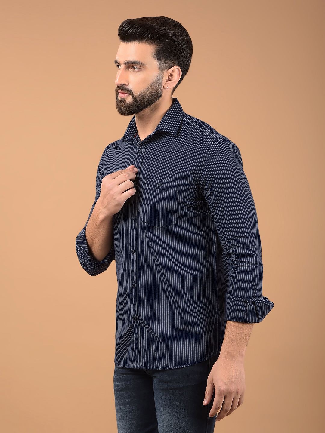 Navy Blue Vertical Stripes 100% Cotton Shirt-Men Shirts-Crimsoune Club
