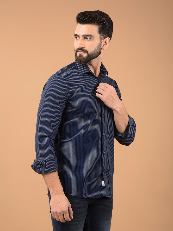 Navy Blue Vertical Stripes 100% Cotton Shirt-Men Shirts-Crimsoune Club