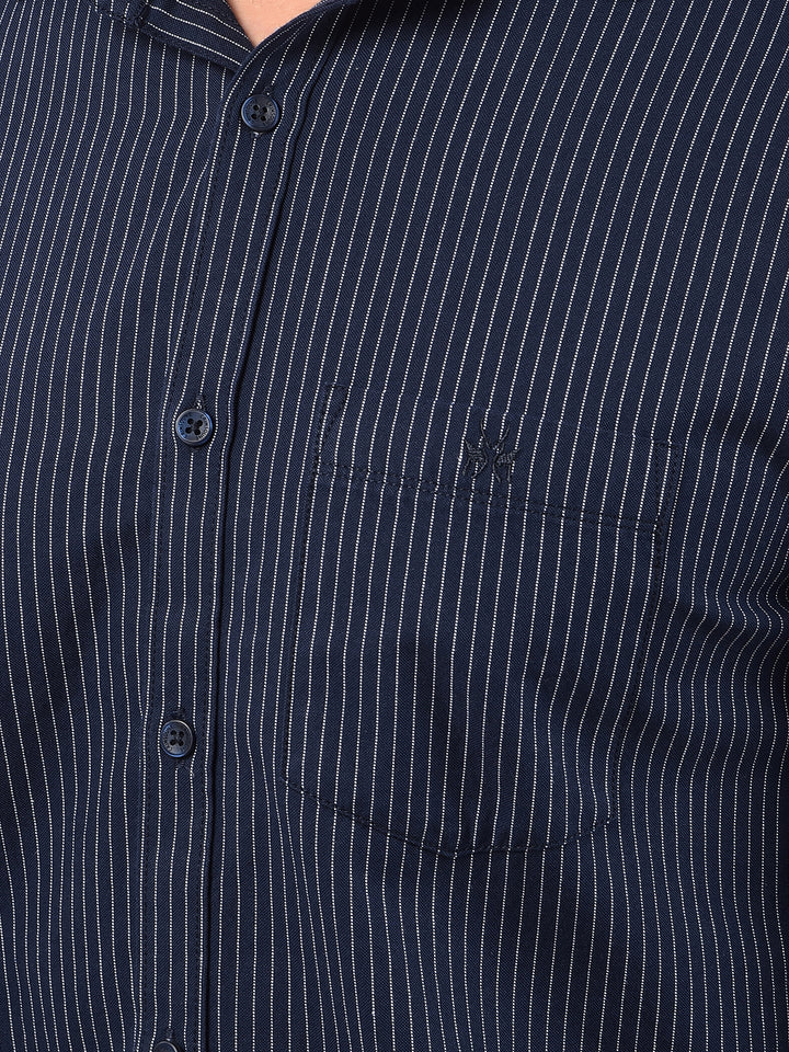 Navy Blue Vertical Stripes 100% Cotton Shirt-Men Shirts-Crimsoune Club