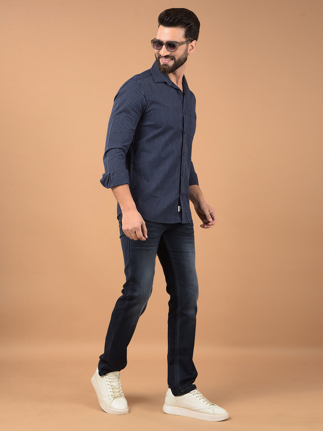 Navy Blue Vertical Stripes 100% Cotton Shirt-Men Shirts-Crimsoune Club