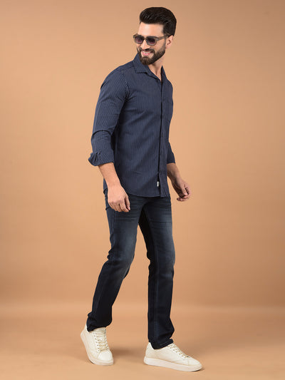 Navy Blue Vertical Stripes 100% Cotton Shirt-Men Shirts-Crimsoune Club