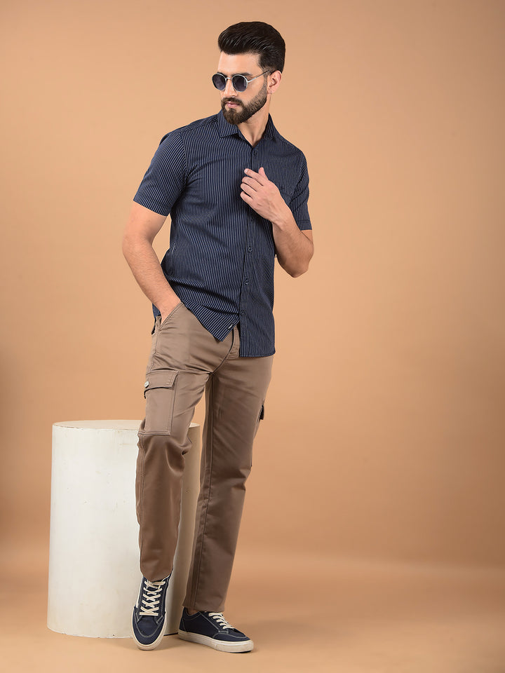 Navy Blue Vertical Stripes 100% Cotton Shirt-Men Shirts-Crimsoune Club