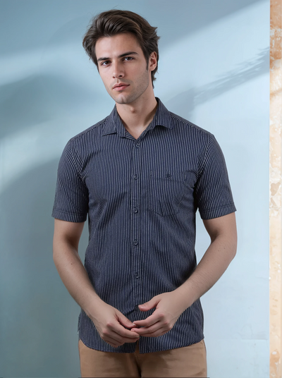 Navy Blue Vertical Stripes 100% Cotton Shirt-Men Shirts-Crimsoune Club