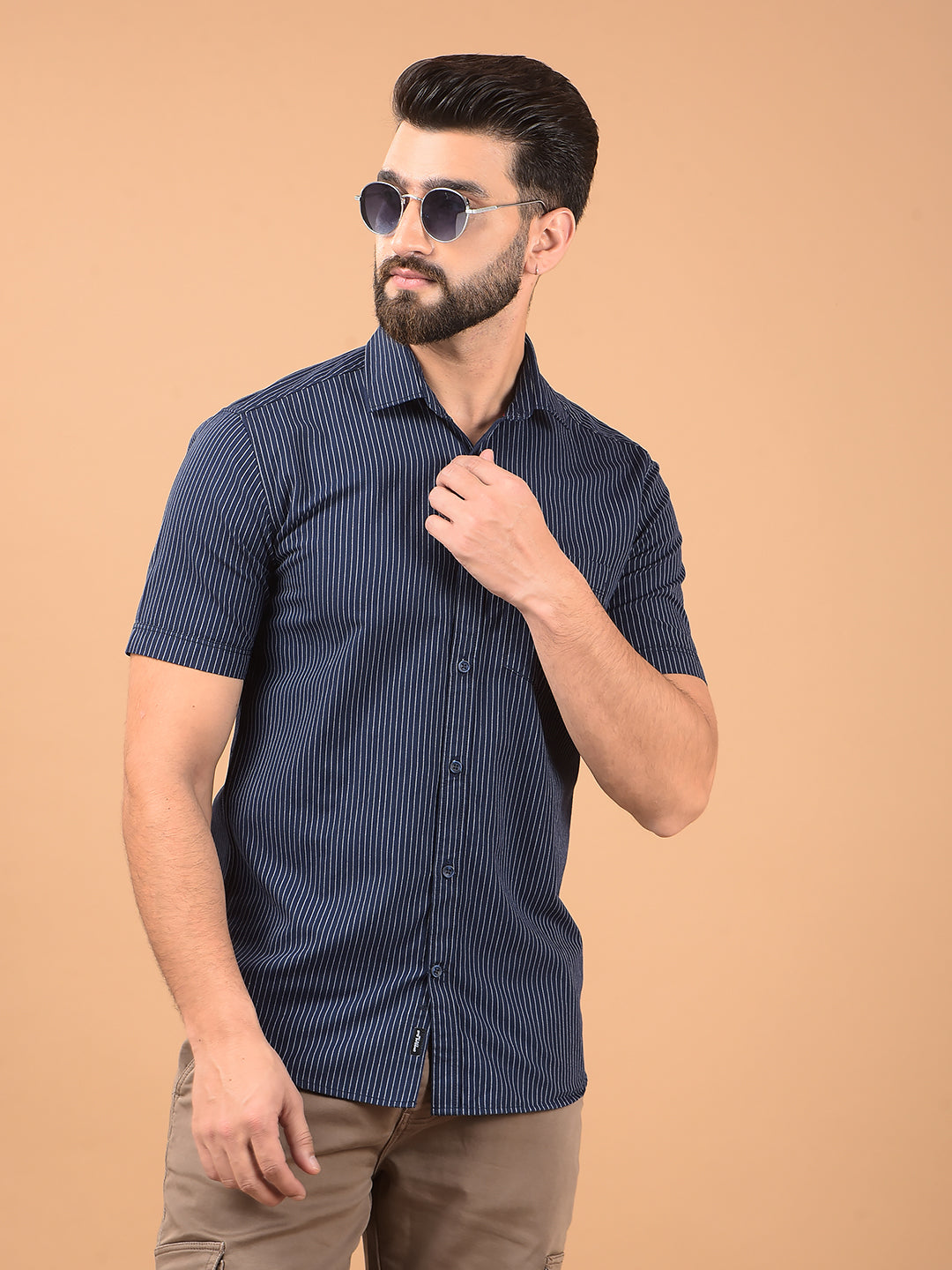 Navy Blue Vertical Stripes 100% Cotton Shirt-Men Shirts-Crimsoune Club