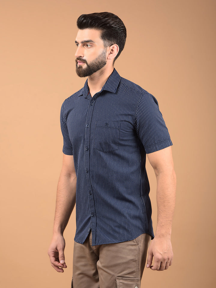 Navy Blue Vertical Stripes 100% Cotton Shirt-Men Shirts-Crimsoune Club
