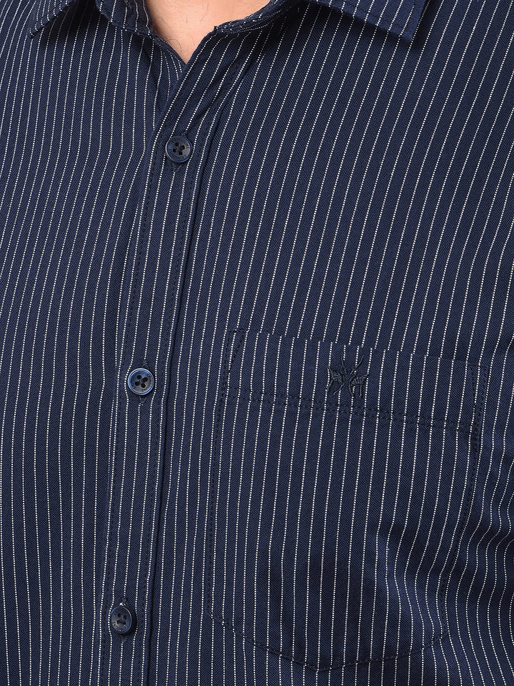 Navy Blue Vertical Stripes 100% Cotton Shirt-Men Shirts-Crimsoune Club