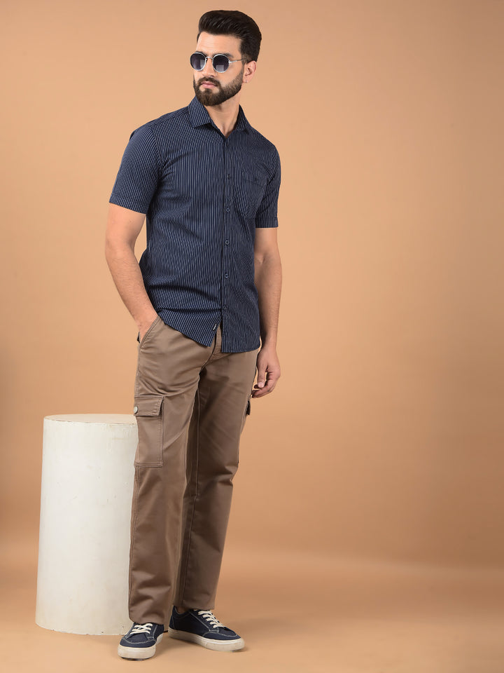 Navy Blue Vertical Stripes 100% Cotton Shirt-Men Shirts-Crimsoune Club