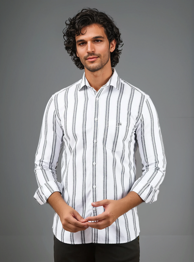White Vertical Stripes 100% Cotton Shirt-Men Shirts-Crimsoune Club