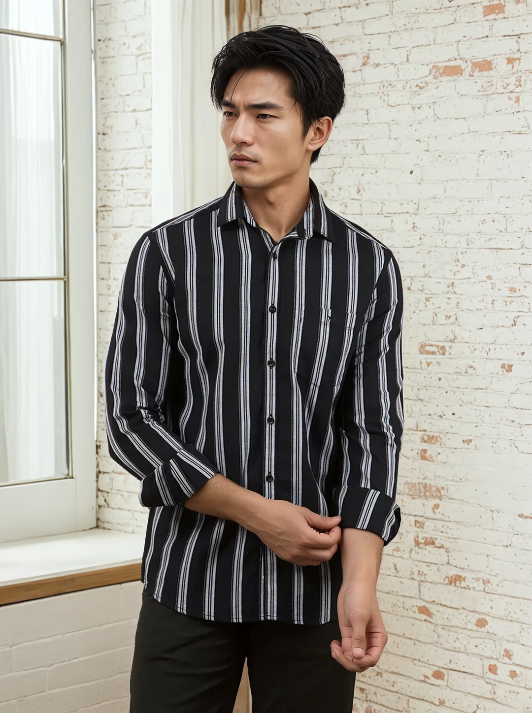 Navy Blue Vertical Stripes 100% Cotton Shirt-Men Shirts-Crimsoune Club