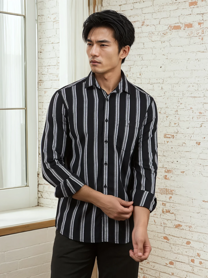 Navy Blue Vertical Stripes 100% Cotton Shirt-Men Shirts-Crimsoune Club
