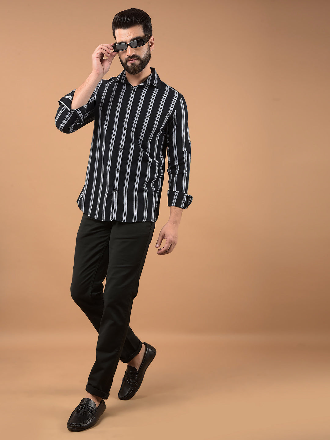 Navy Blue Vertical Stripes 100% Cotton Shirt-Men Shirts-Crimsoune Club