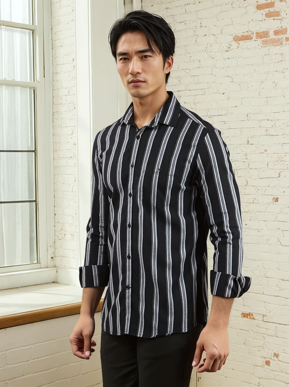 Navy Blue Vertical Stripes 100% Cotton Shirt-Men Shirts-Crimsoune Club