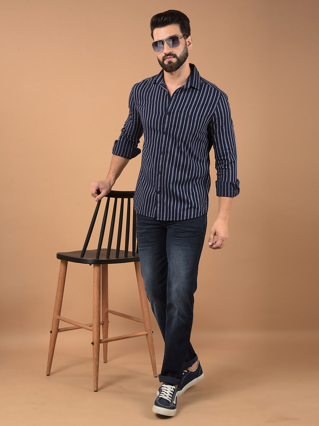 Navy Blue Vertical Stripes 100% Cotton Shirt-Men Shirts-Crimsoune Club