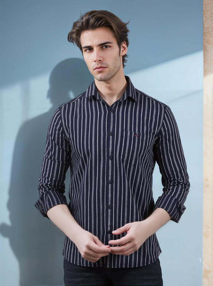 Navy Blue Vertical Stripes 100% Cotton Shirt-Men Shirts-Crimsoune Club