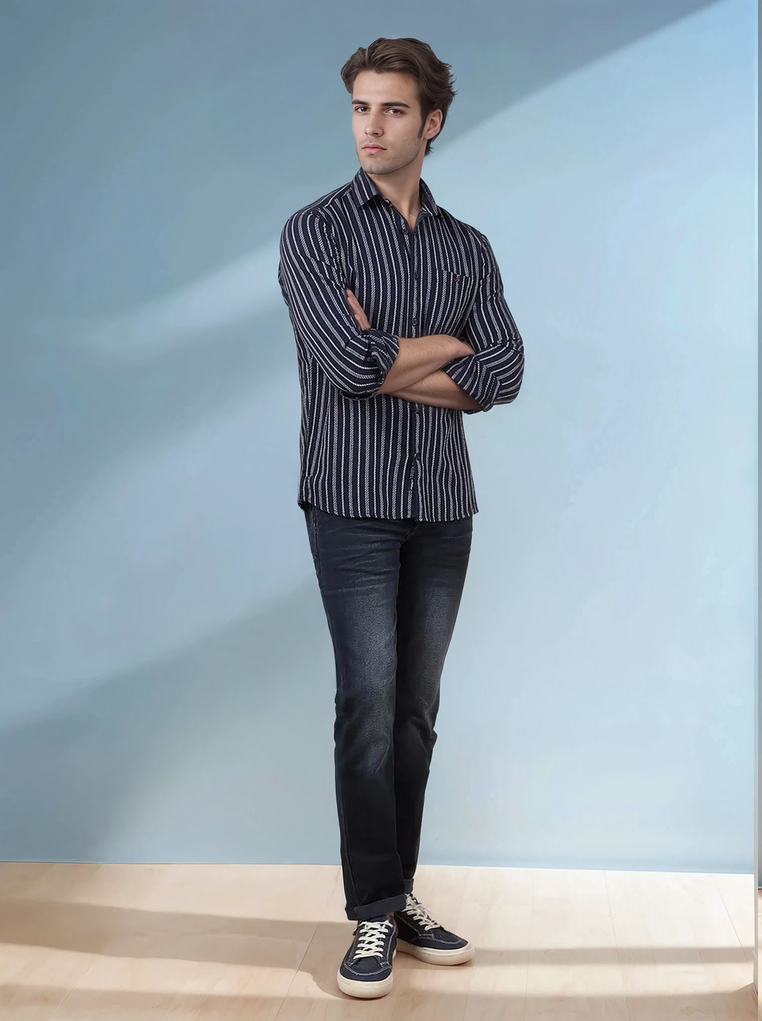 Navy Blue Vertical Stripes 100% Cotton Shirt-Men Shirts-Crimsoune Club