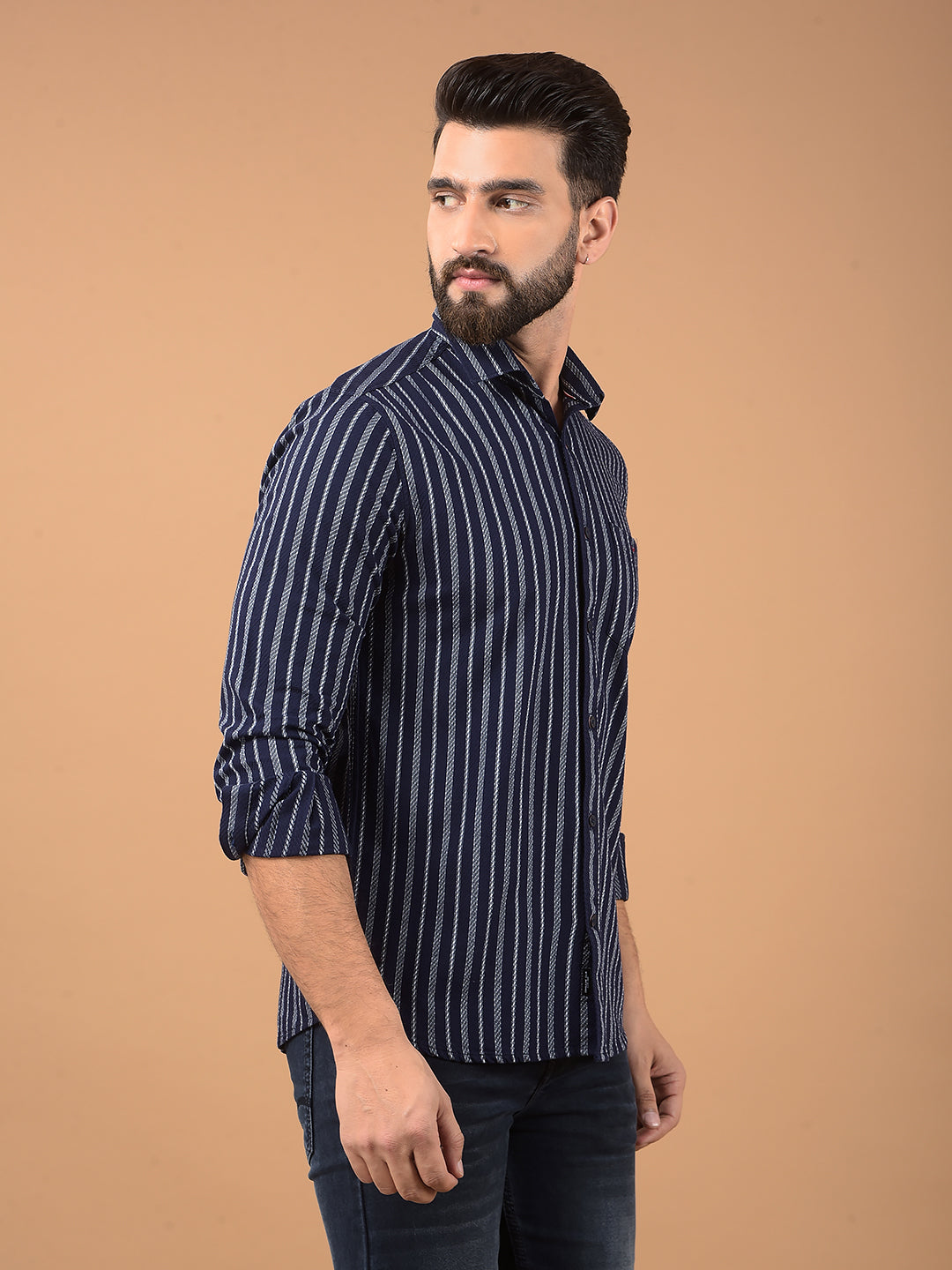 Navy Blue Vertical Stripes 100% Cotton Shirt-Men Shirts-Crimsoune Club