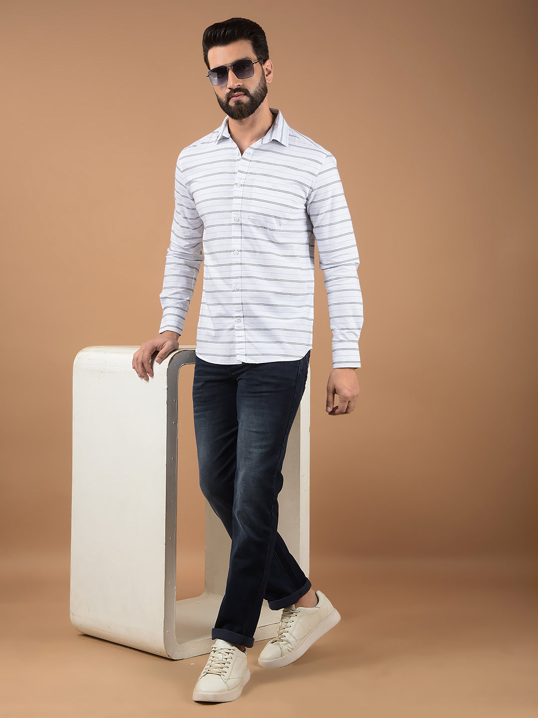 White Horizontal Stripes 100% Cotton Shirt-Men Shirts-Crimsoune Club