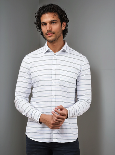 White Horizontal Stripes 100% Cotton Shirt-Men Shirts-Crimsoune Club