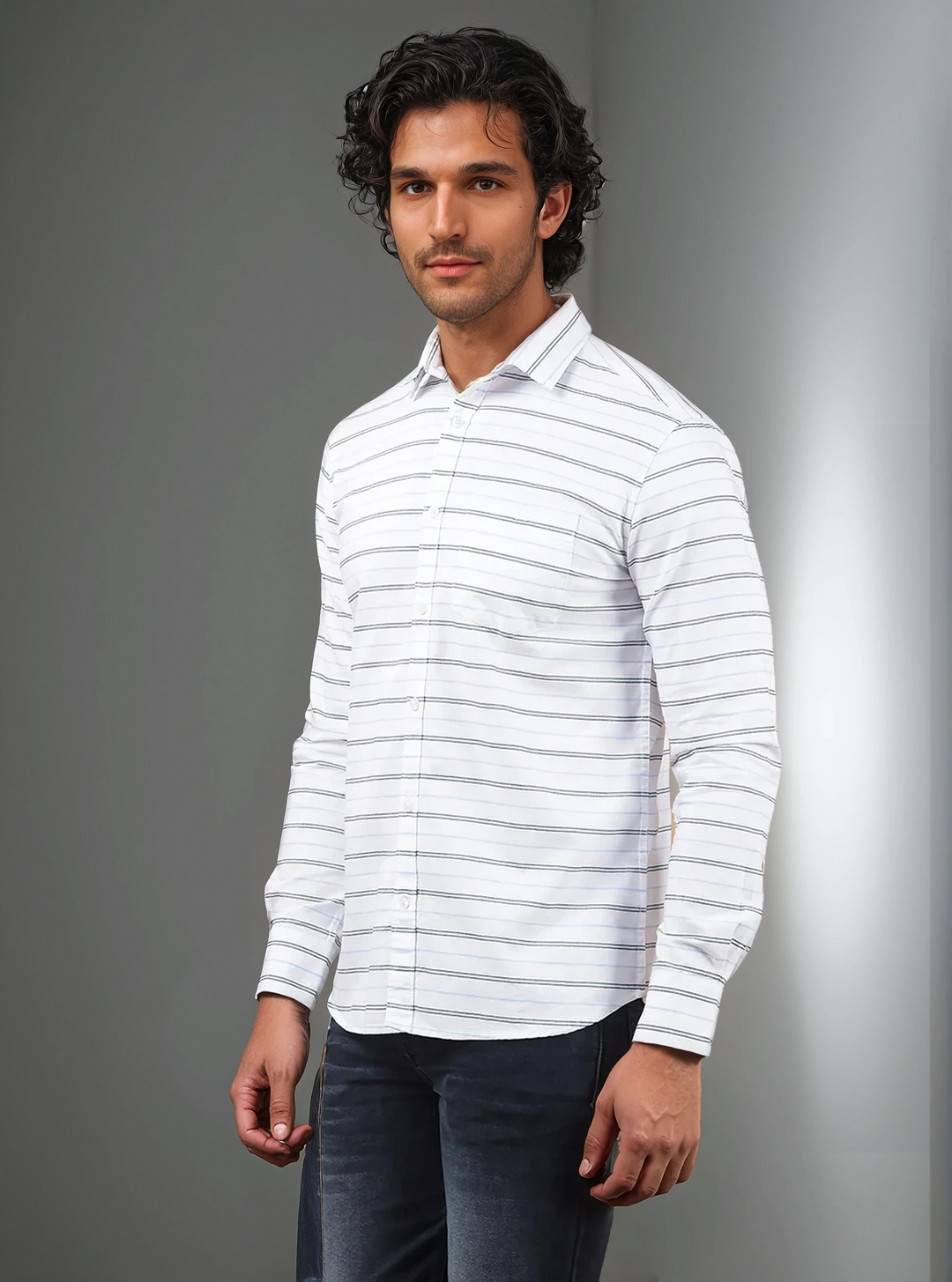 White Horizontal Stripes 100% Cotton Shirt-Men Shirts-Crimsoune Club