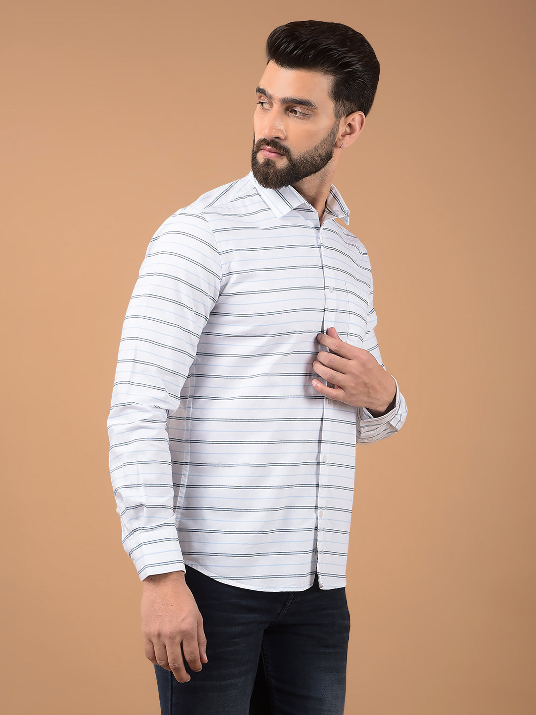 White Horizontal Stripes 100% Cotton Shirt-Men Shirts-Crimsoune Club