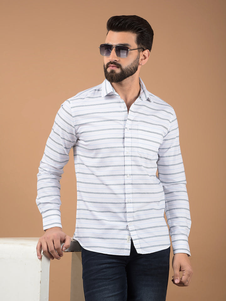 White Horizontal Stripes 100% Cotton Shirt-Men Shirts-Crimsoune Club