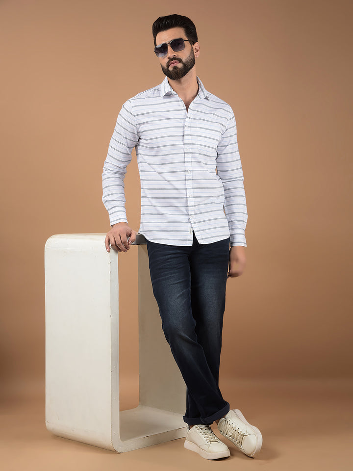 White Horizontal Stripes 100% Cotton Shirt-Men Shirts-Crimsoune Club