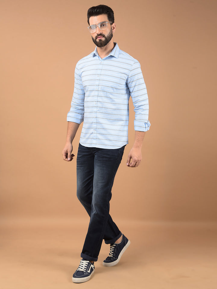 Blue Horizontal Stripes 100% Cotton Shirt-Men Shirts-Crimsoune Club