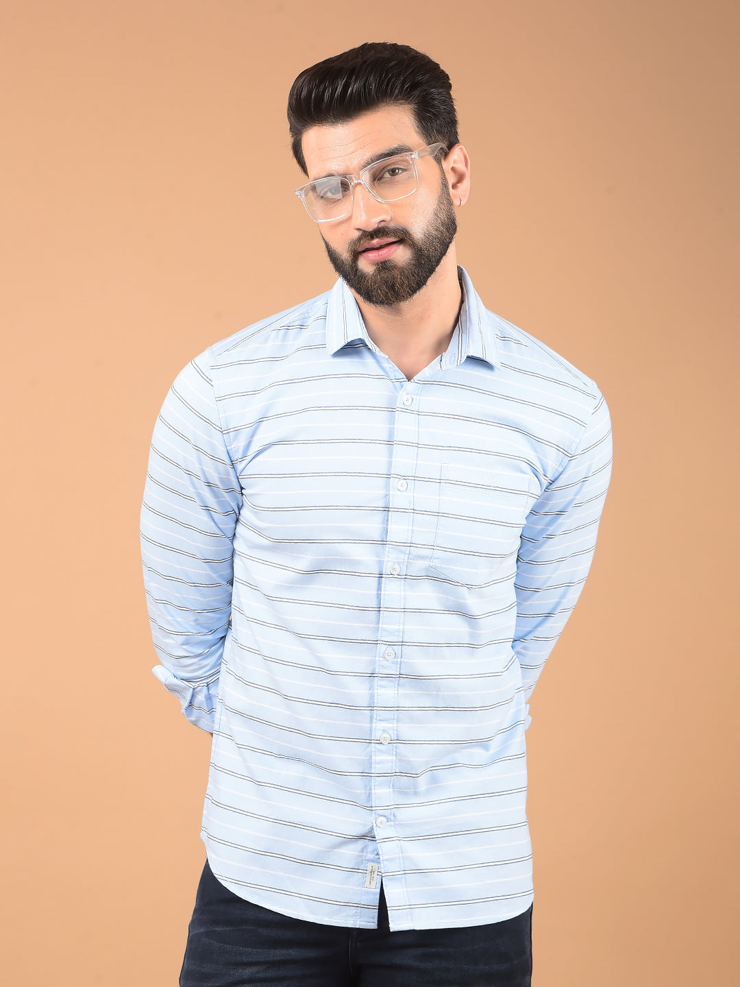 Blue Horizontal Stripes 100% Cotton Shirt-Men Shirts-Crimsoune Club