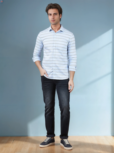 Blue Horizontal Stripes 100% Cotton Shirt-Men Shirts-Crimsoune Club