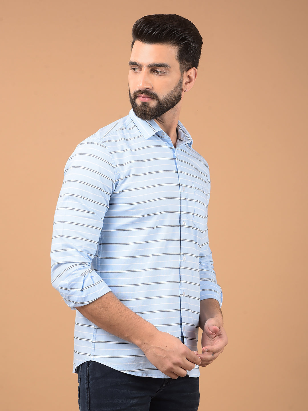 Blue Horizontal Stripes 100% Cotton Shirt-Men Shirts-Crimsoune Club