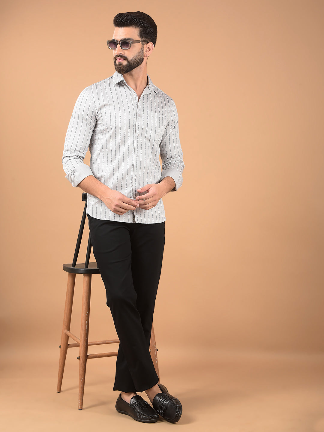 Grey Vertical Stripes 100% Cotton Shirt-Men Shirts-Crimsoune Club