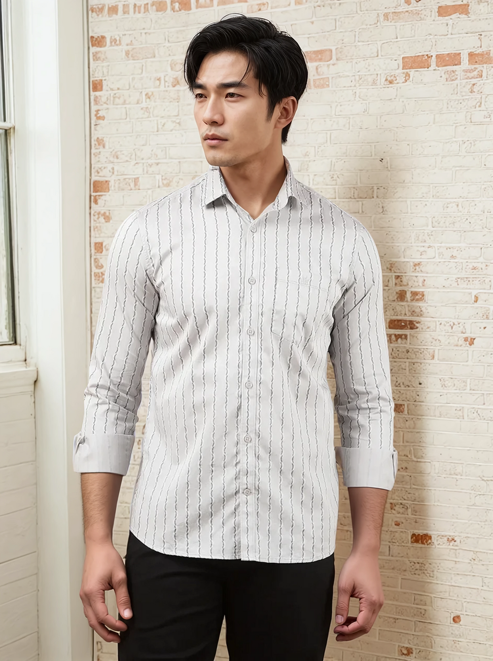 Grey Vertical Stripes 100% Cotton Shirt-Men Shirts-Crimsoune Club