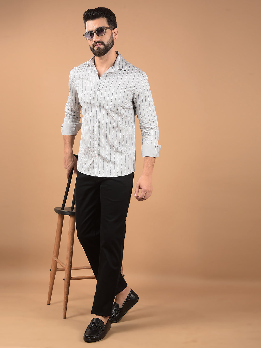Grey Vertical Stripes 100% Cotton Shirt-Men Shirts-Crimsoune Club