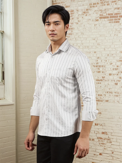 Grey Vertical Stripes 100% Cotton Shirt-Men Shirts-Crimsoune Club
