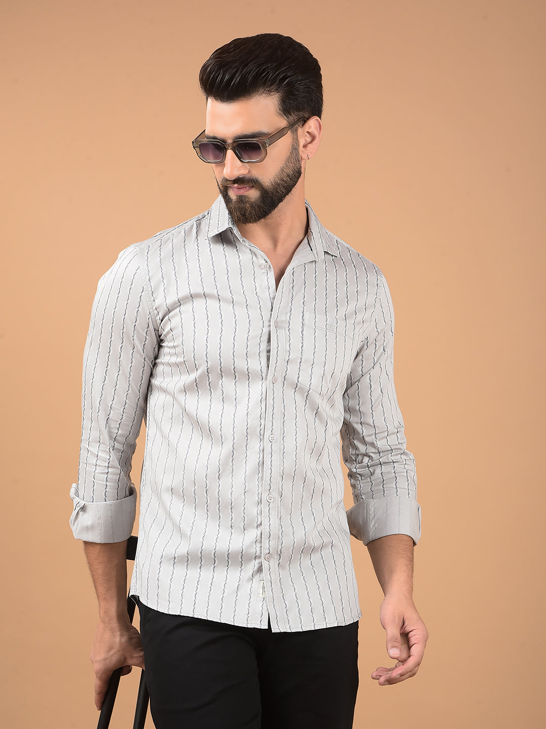 Grey Vertical Stripes 100% Cotton Shirt-Men Shirts-Crimsoune Club