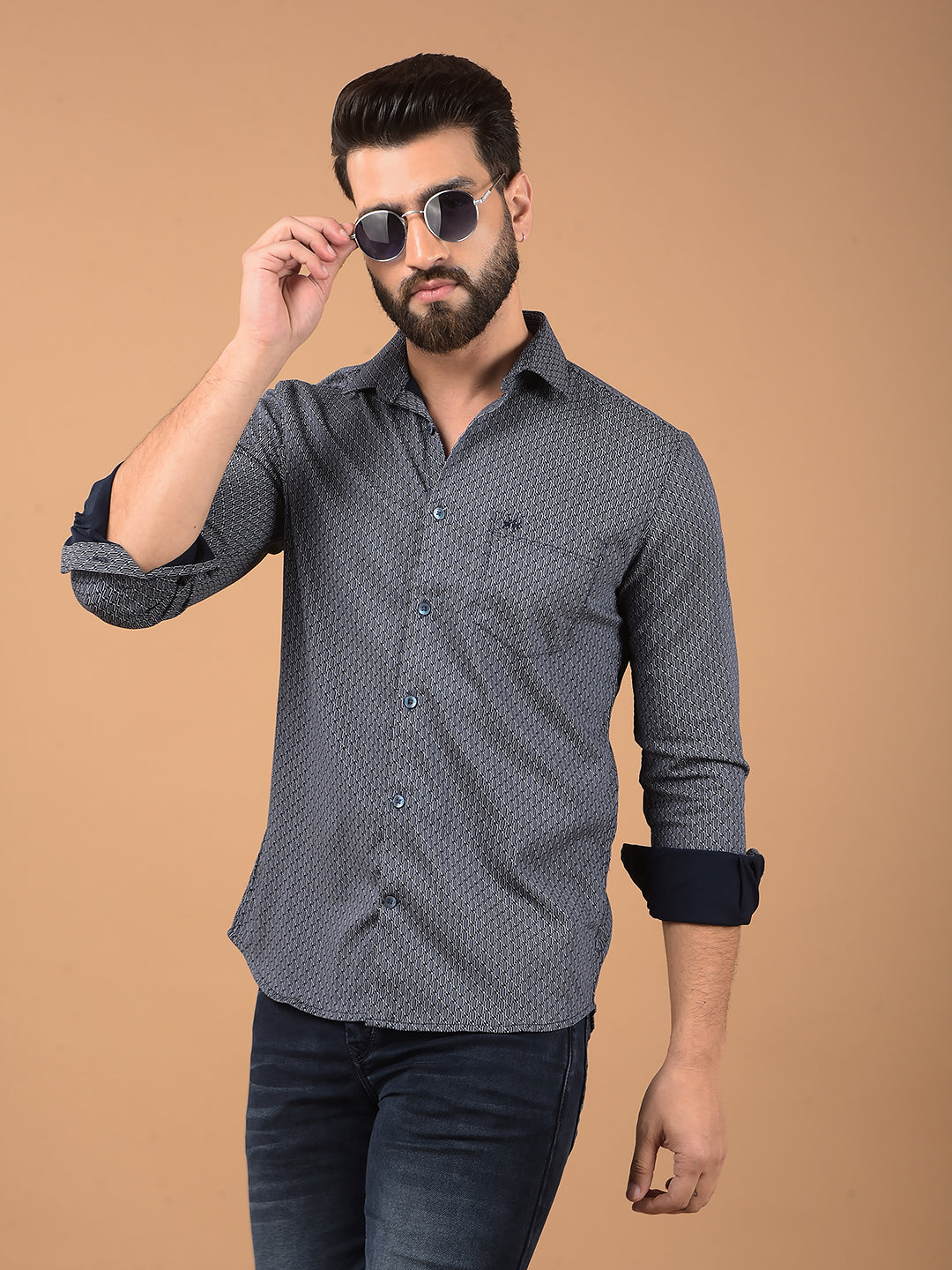 Navy Blue Printed Shirt-Men Shirts-Crimsoune Club