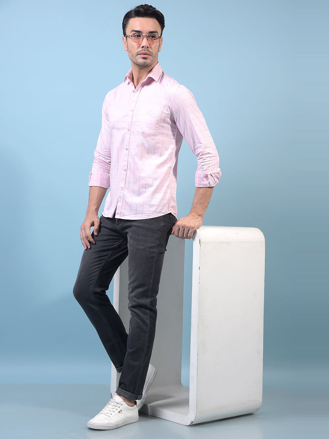 Men's Pink Checked 100% Cotton Shirt-Men Shirts-Crimsoune Club