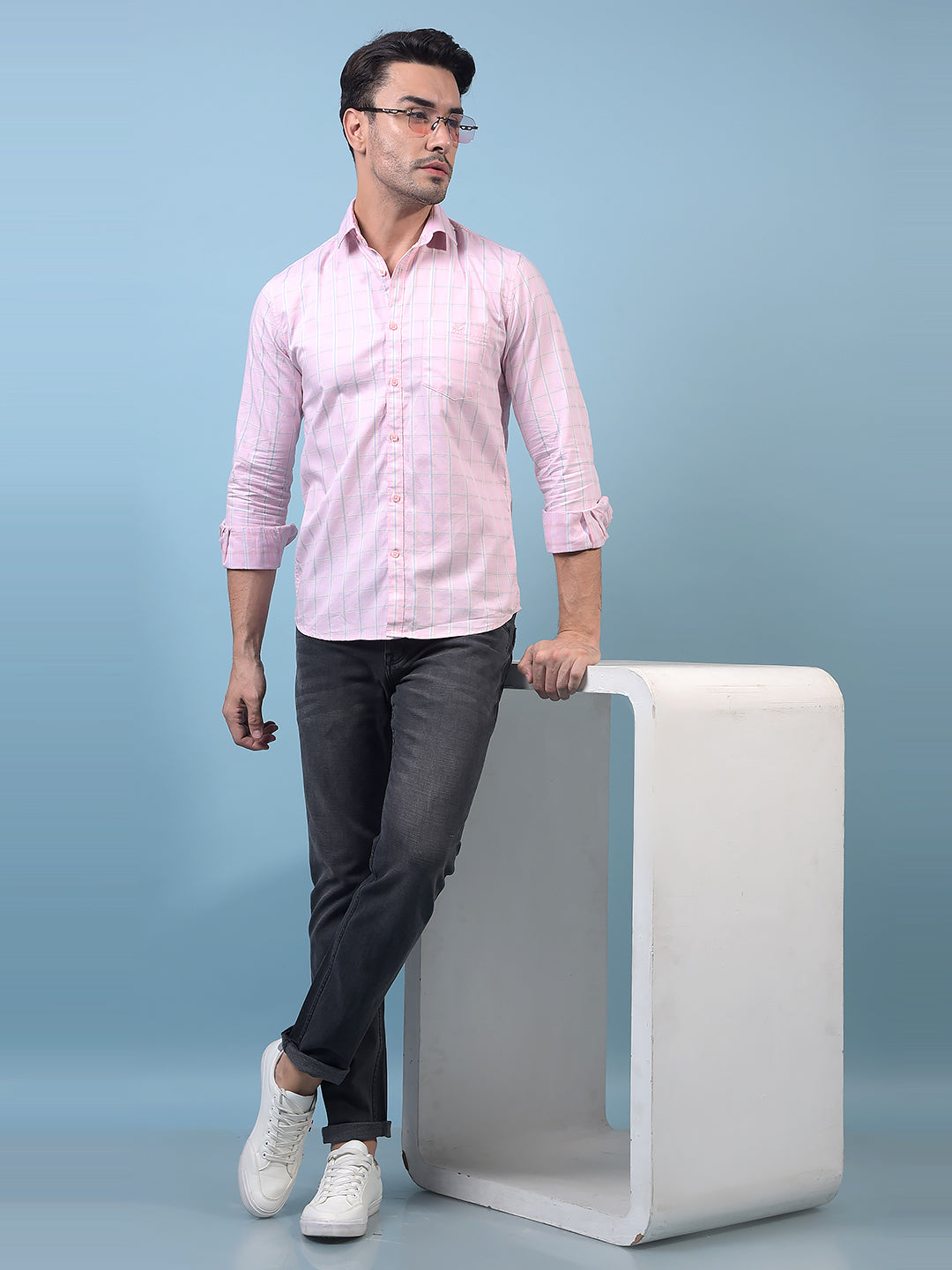Men's Pink Checked 100% Cotton Shirt-Men Shirts-Crimsoune Club