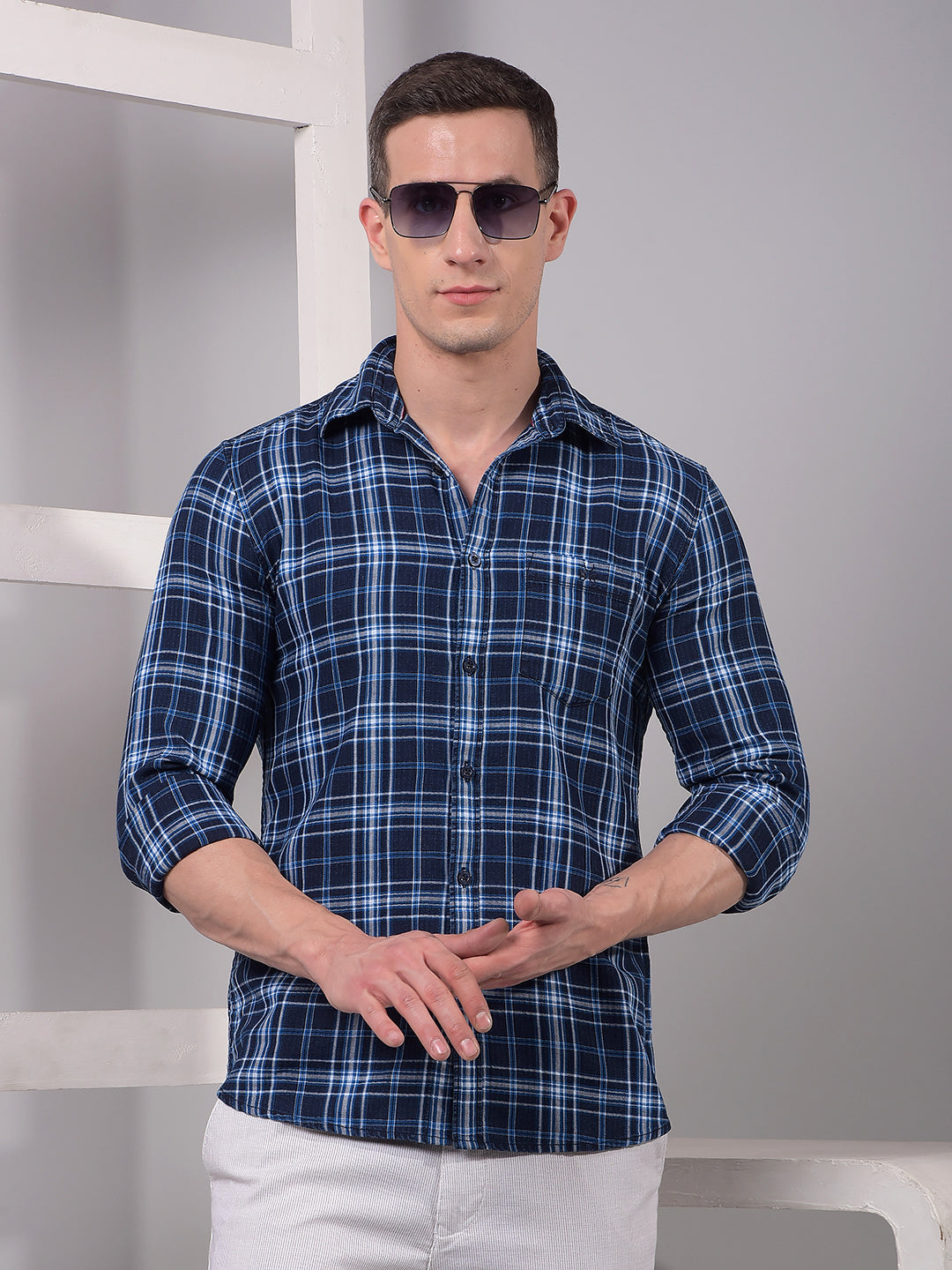 Blue Checked 100% Cotton Shirt-Men Shirts-Crimsoune Club