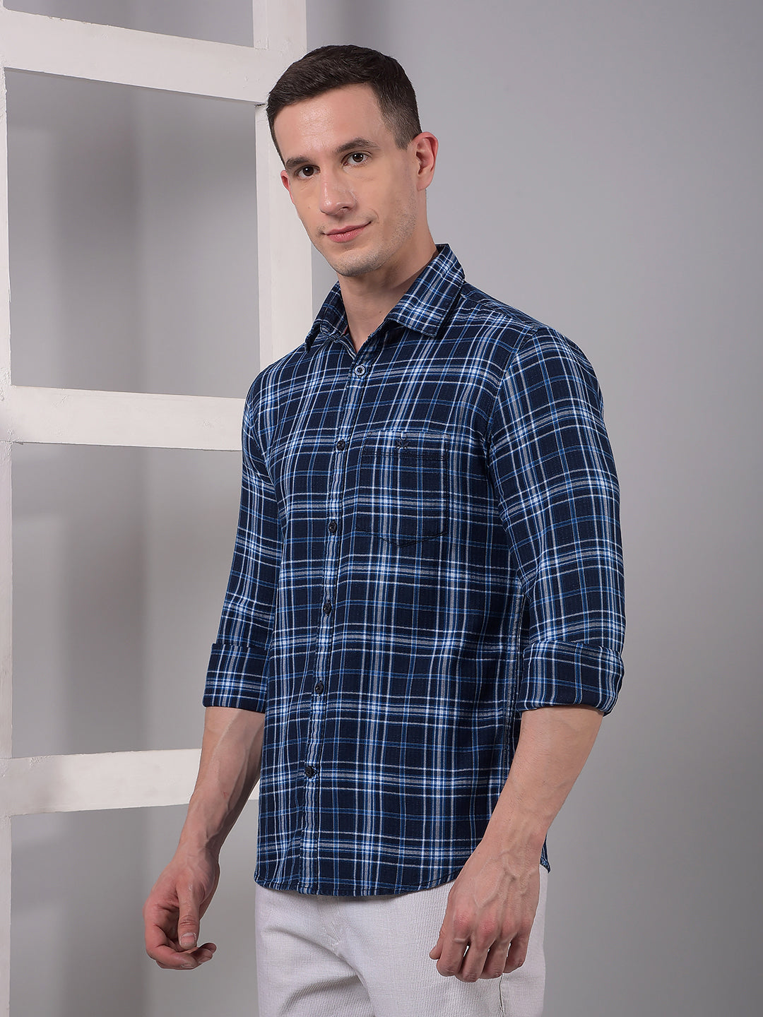 Blue Checked 100% Cotton Shirt-Men Shirts-Crimsoune Club
