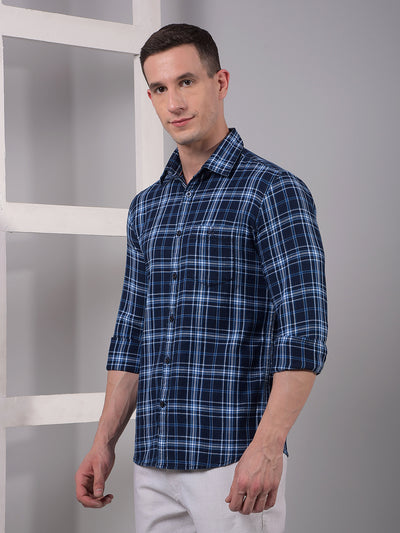 Blue Checked 100% Cotton Shirt-Men Shirts-Crimsoune Club