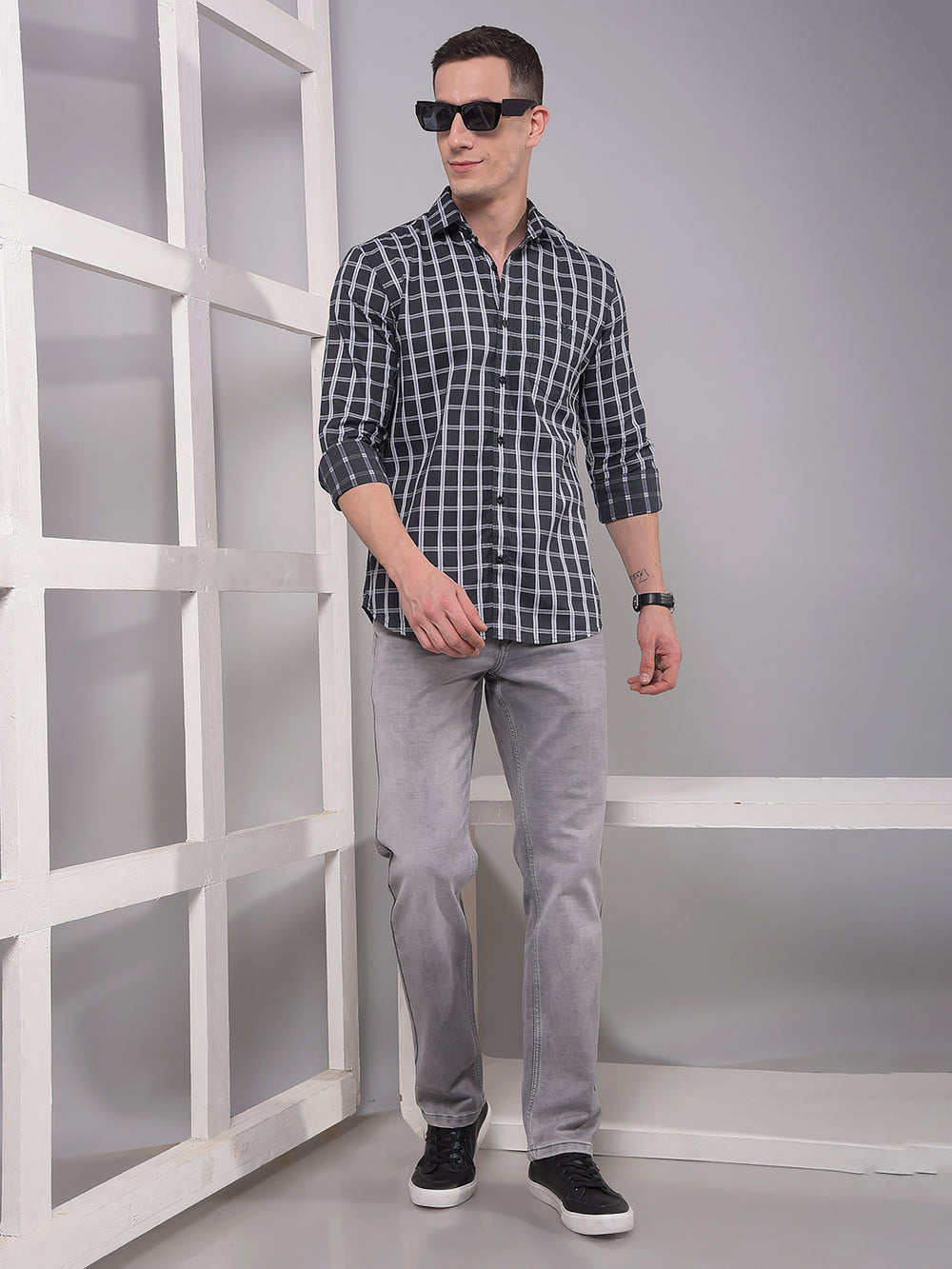 Grey Checked 100% Cotton Shirt-Men Shirts-Crimsoune Club